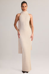 Rib-Knit Scarf-Detail Halterneck Maxi Dress in Cream