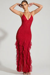 Embellished Halter Neck Ruffle Maxi Dress in Red