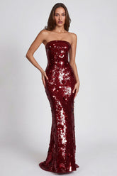 3D Embellished Bandeau Maxi Dress in Red