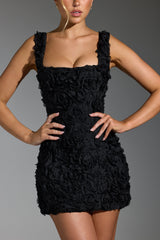 Floral-Appliqué Square-Neck Corset Mini Dress in Black