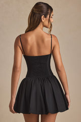 Pintucked Shirred Mini Dress in Black