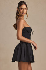Pintucked Shirred Mini Dress in Black