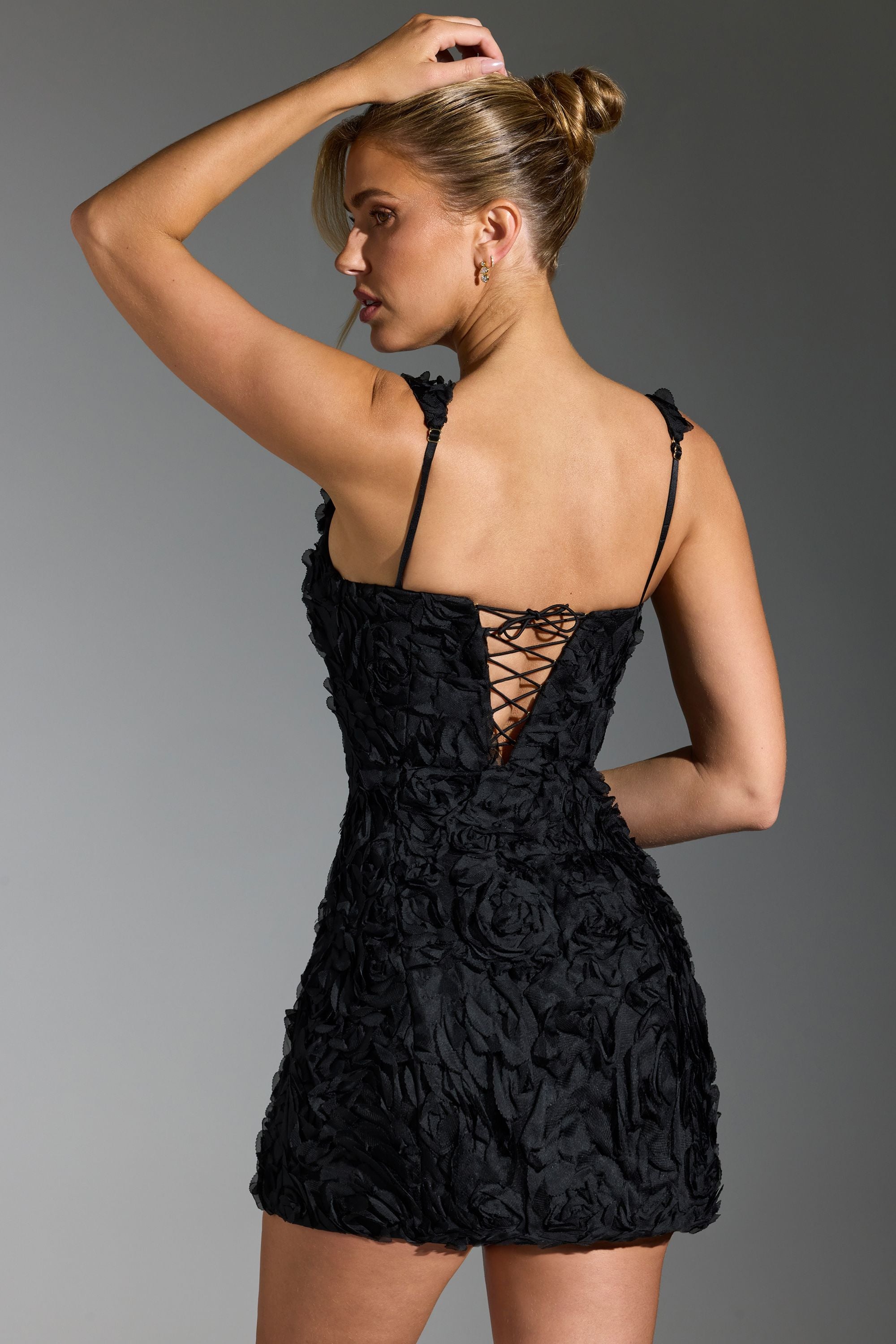 Floral-Appliqué Square-Neck Corset Mini Dress in Black
