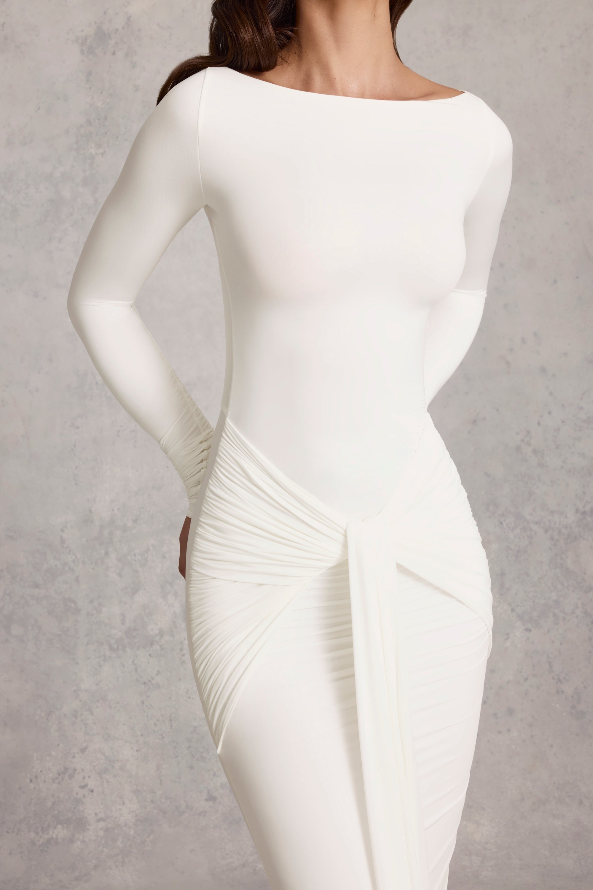 Soft Jersey Boat-Neck Tie-Gather Maxi Dress in White