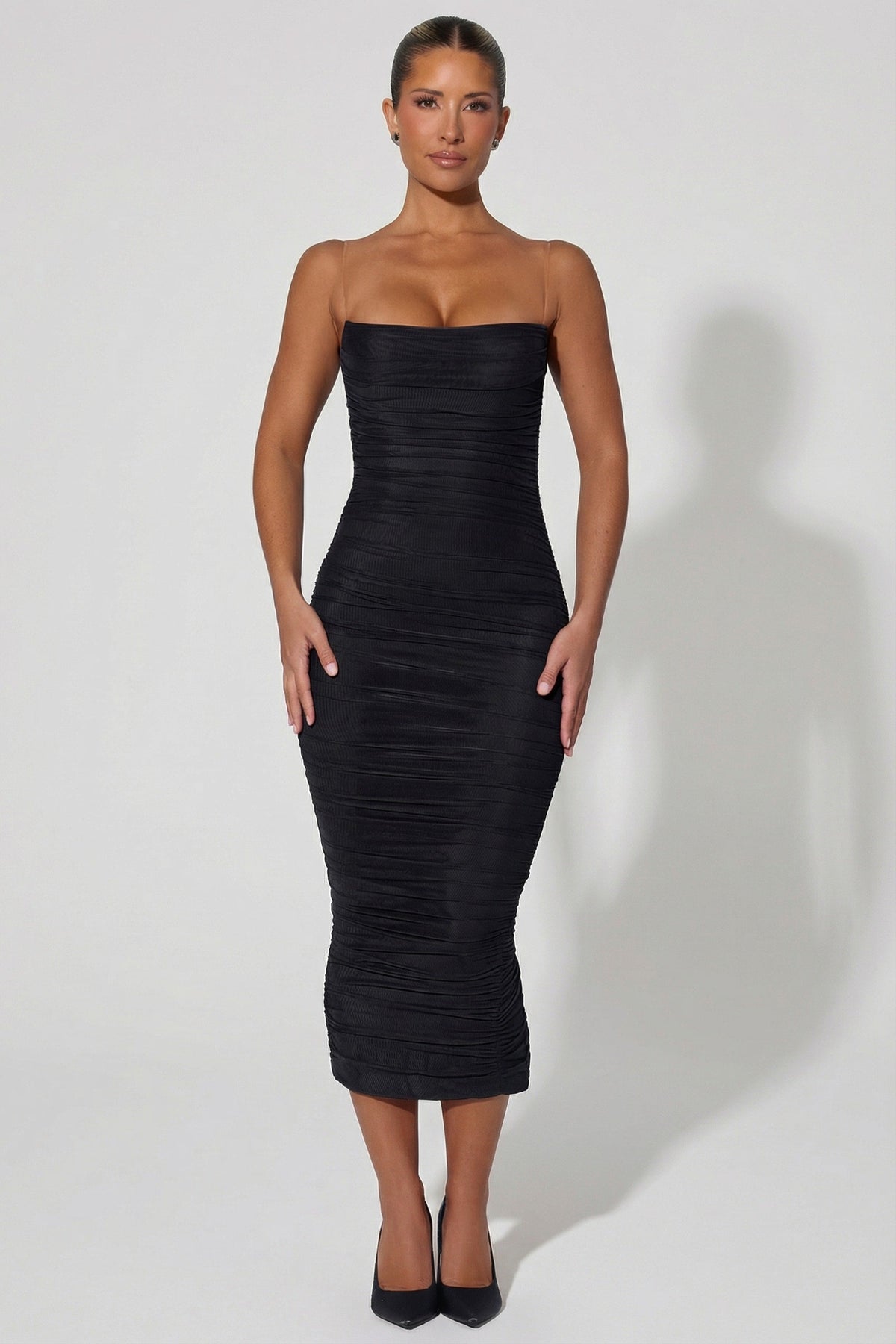 Ruched Backless Bodycon Midaxi Dress in Black