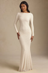 Ruched Backless Lace Maxi Dress in Ivory